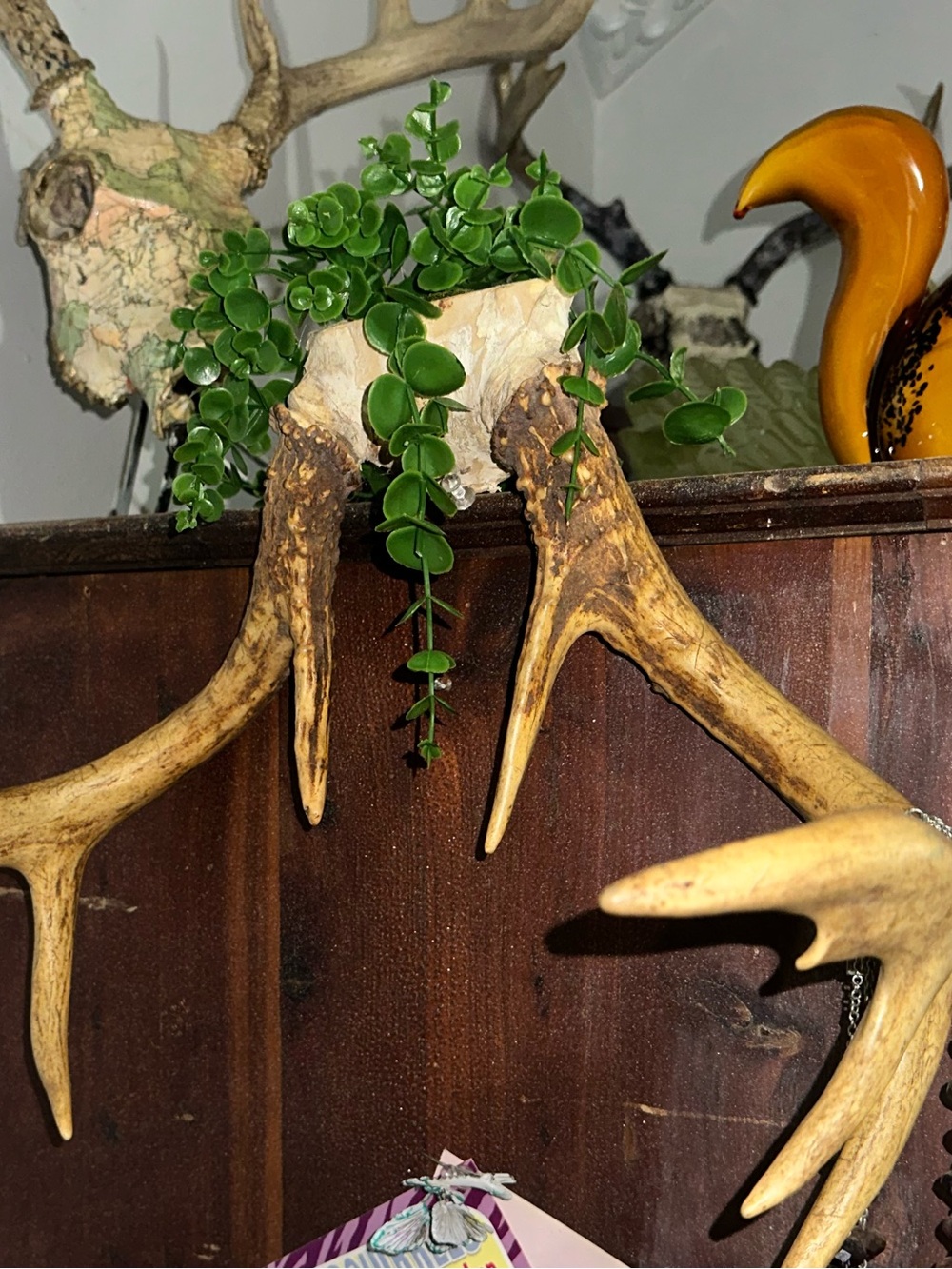 Handmade Decorative Deer Antler Accent with Faux Greenery